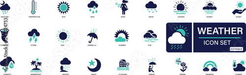  Weather icon set temperature, sun, rain, snow, cloud, humidity, summer, winter, spring, You can easily change the color