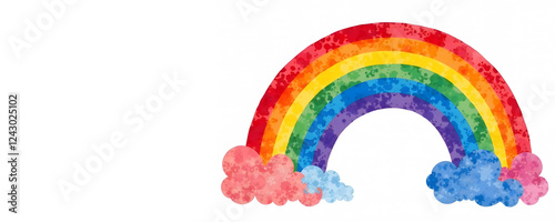 Pride rainbow horizontal illustration copy space. Horizontal illustration with bright rainbow and clouds leaving free copy space, perfect for Pride Month themed designs, posters, messages.