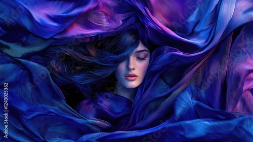 Serene woman wrapped in vibrant blue fabric, blending art and emotion.