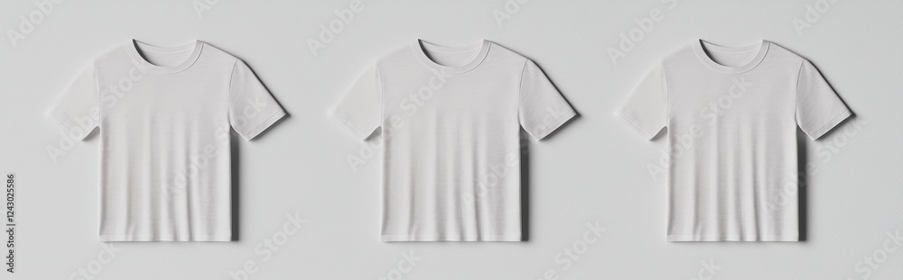 A white round-neck T-shirt set, shown in front, back, and side views on a transparent background. This PNG file acts as a mockup template for graphic design artwork. It is a 3D rendering. A white round-neck T-shirt set, shown in front, back, and side views on a transparent background. This PNG file acts as a mockup template for graphic design artwork. It is a 3D rendering.