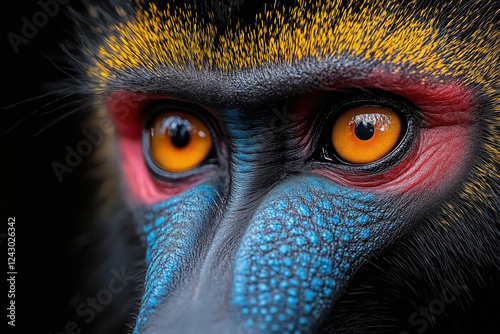 A stunning close-up of a mandrill in its natural African habitat. Vivid colors, piercing eyes, and intricate fur details make this portrait a striking wildlife capture. photo