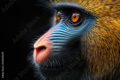 A stunning close-up of a mandrill in its natural African habitat. Vivid colors, piercing eyes, and intricate fur details make this portrait a striking wildlife capture. photo