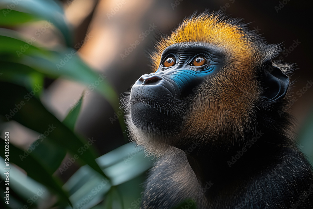 Fototapeta premium A stunning close-up of a mandrill in its natural African habitat. Vivid colors, piercing eyes, and intricate fur details make this portrait a striking wildlife capture.