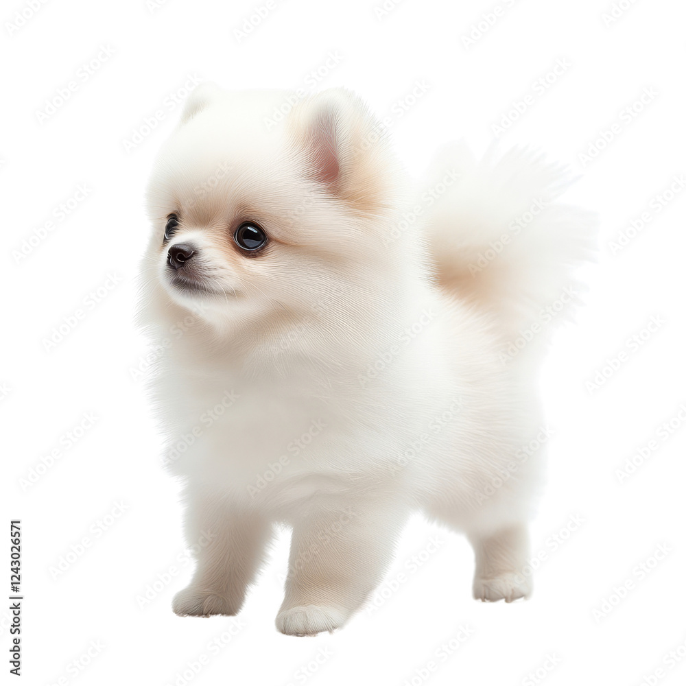 Obraz premium A fluffy white Pomeranian stands attentively, showcasing its playful demeanor and charming features.