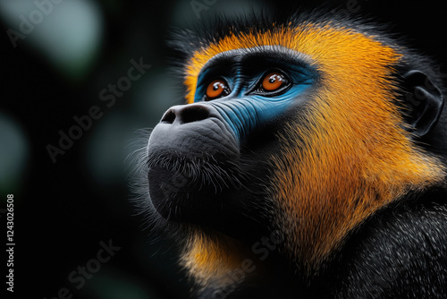 A stunning close-up of a mandrill in its natural African habitat. Vivid colors, piercing eyes, and intricate fur details make this portrait a striking wildlife capture. photo