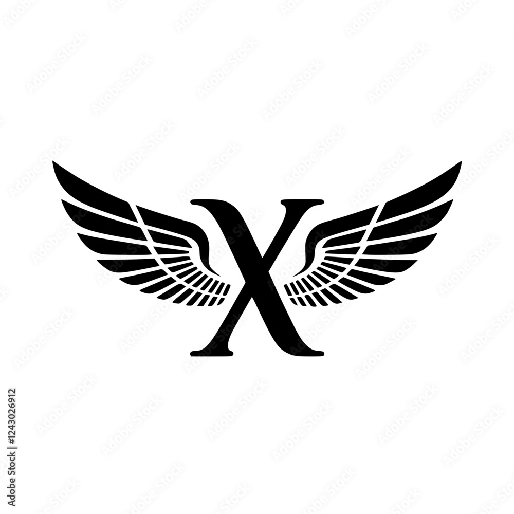 Fototapeta premium Winged Letter X Black Logo Design, Black letter X with symmetrical wings, forming a bold and stylish logo. Ideal for branding, aviation, business, sports, or creative identity. 