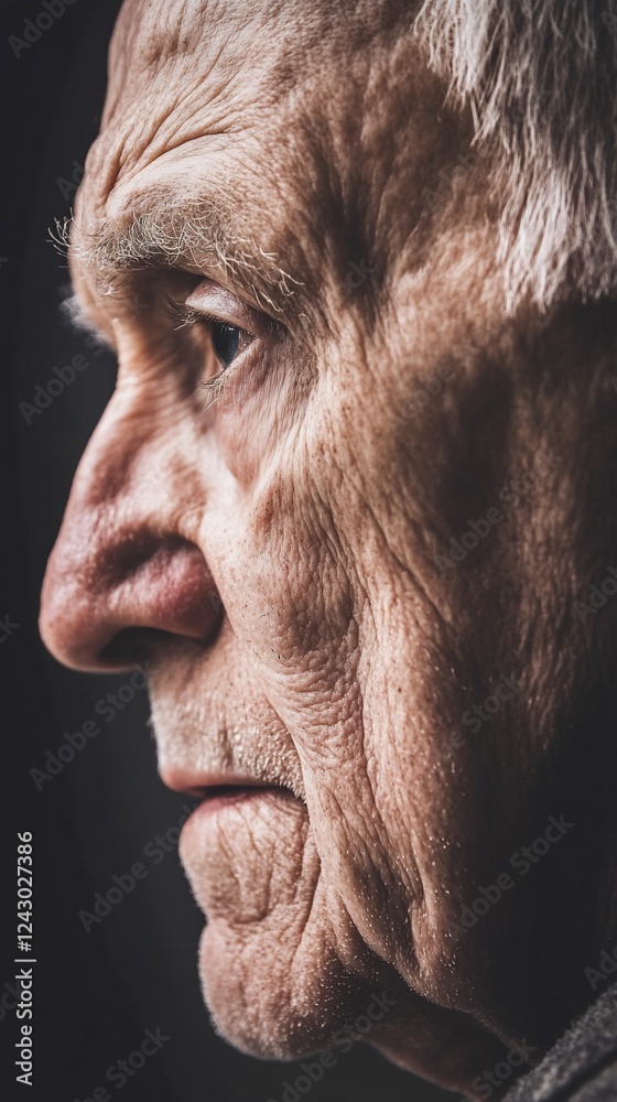Obraz premium Elderly man's profile, thoughtful gaze, dark background, aging, healthcare