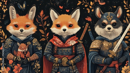 Fox warriors in armor enchanted forest fantasy art whimsical atmosphere close-up view photo