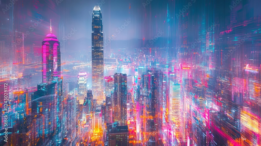 Fototapeta premium A fast-paced digital cityscape montage showcases the illuminated skyline of Hong Kong's skyscrapers against a backdrop of vibrant neon lights and traffic trails
