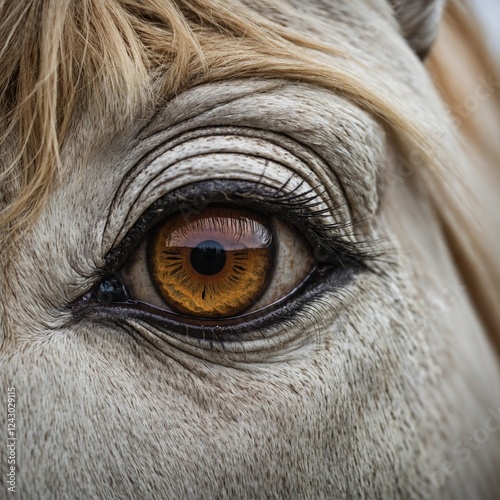 A horse with a unique coat pattern, captured mid-motion, standing against an all-white background.