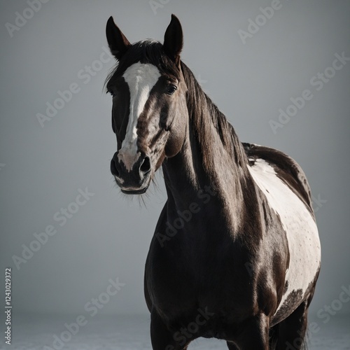 A horse with a unique coat pattern, captured mid-motion, standing against an all-white background.