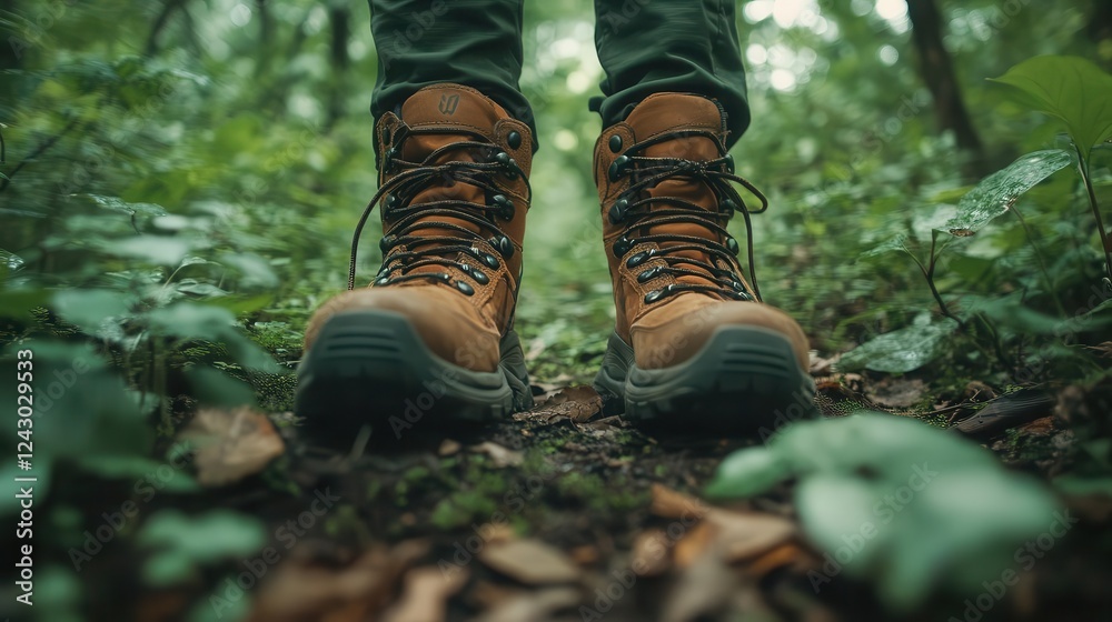 Hiking in nature, close-up of hiking boots on a forest trail, lush greenery around Hiking in nature, close-up of hiking boots on a forest trail, lush greenery around