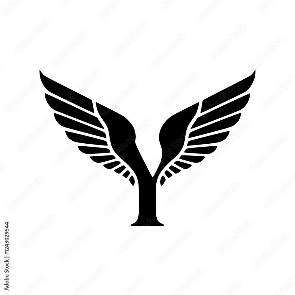 Obraz premium Winged Letter Y Black Logo Design , Black letter Y with symmetrical wings, creating a bold and stylish logo. Perfect for branding, aviation, business, sports, or creative identity. 