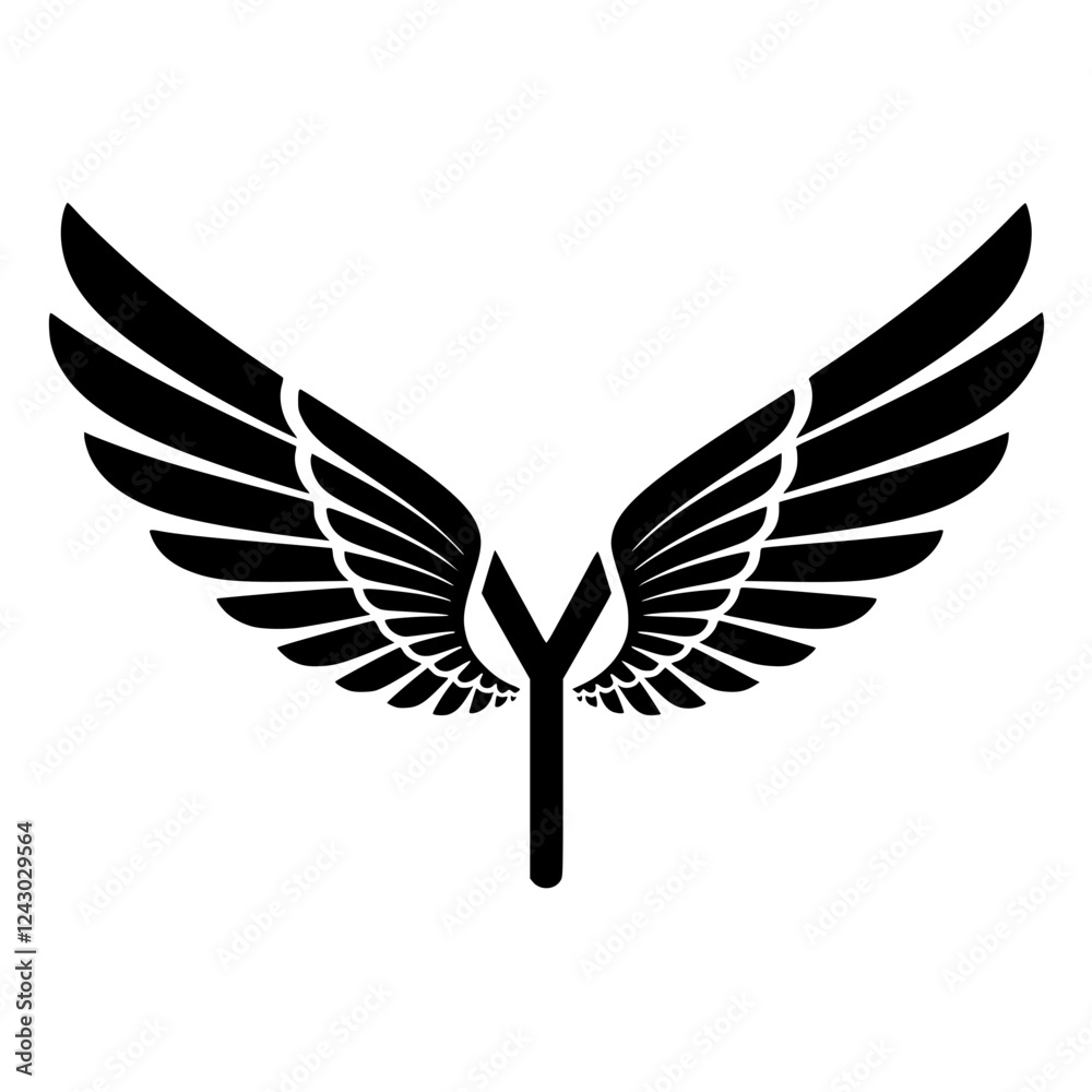 Naklejka premium Winged Letter Y Black Logo Design , Black letter Y with symmetrical wings, creating a bold and stylish logo. Perfect for branding, aviation, business, sports, or creative identity. 