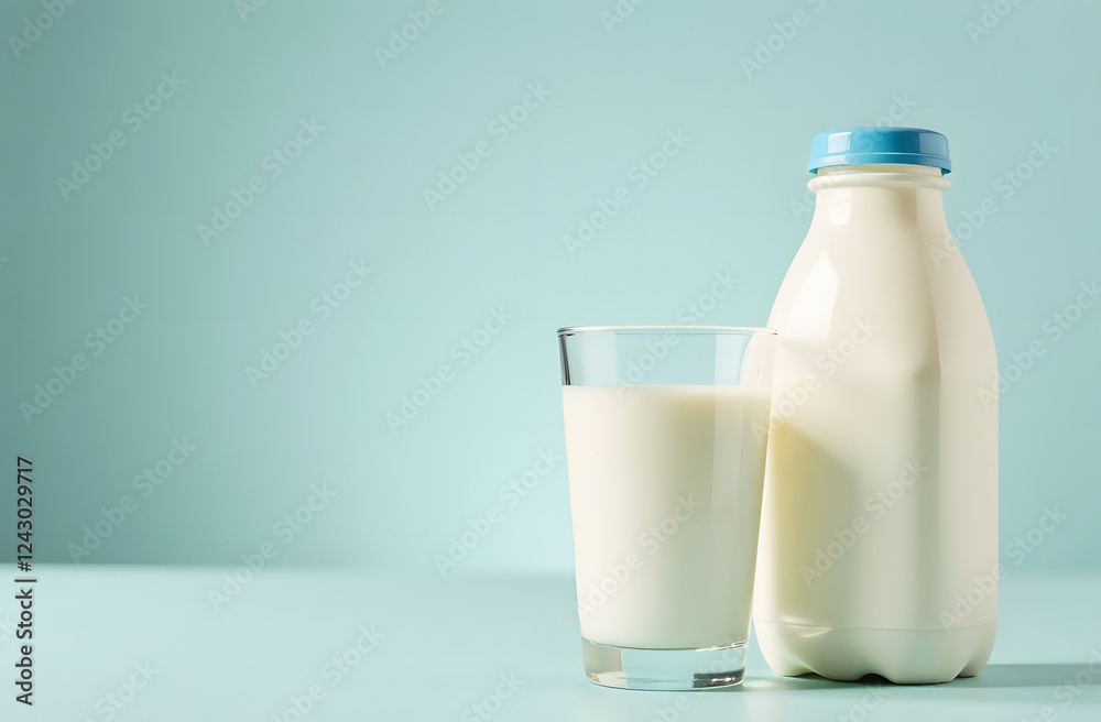 Milk bottle and glass with copy space. Minimalistic composition of a glass and a milk bottle against a pastel blue background, providing ample empty space for text or design Milk bottle and glass with copy space. Minimalistic composition of a glass and a milk bottle against a pastel blue background, providing ample empty space for text or design