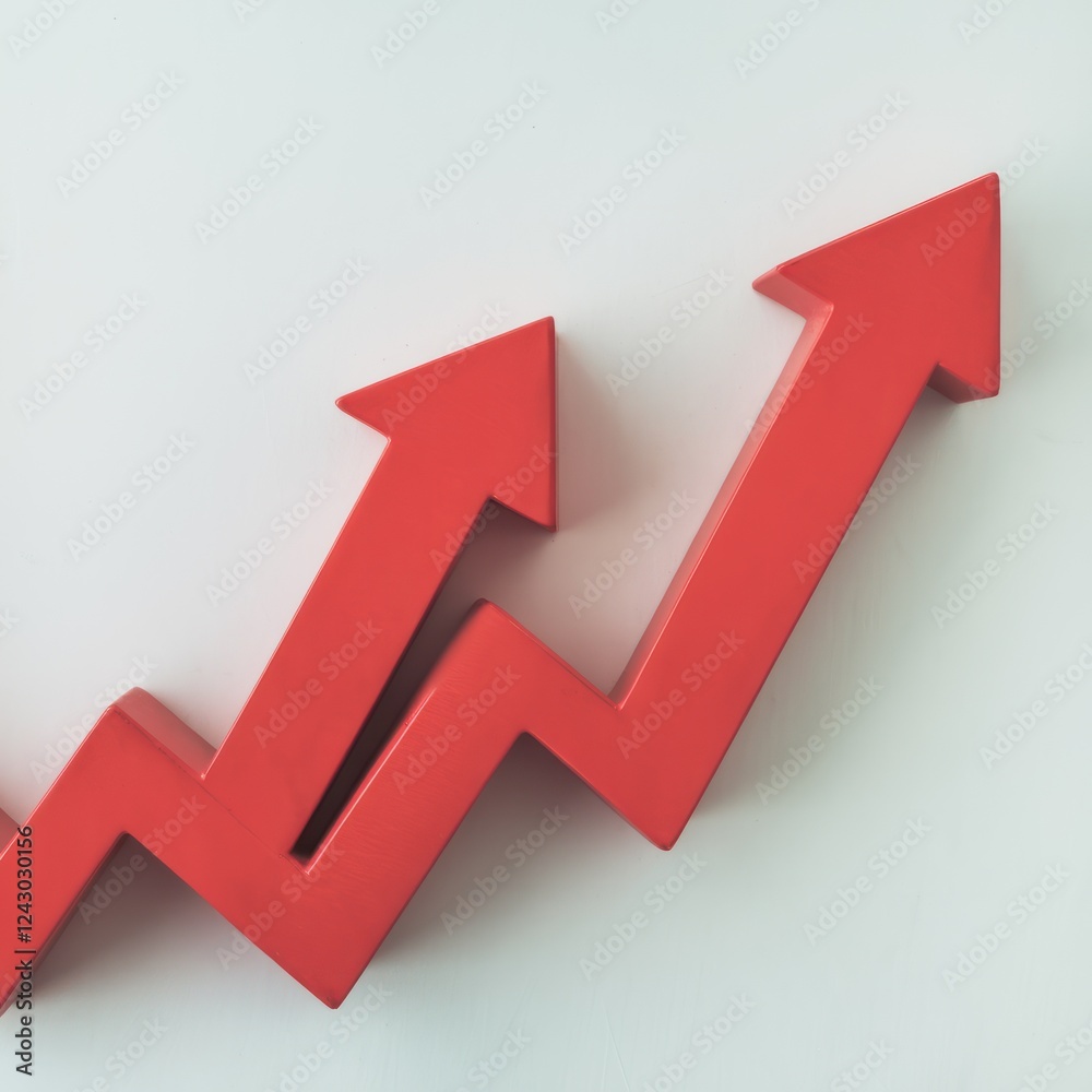 Two red arrows pointing upwards, symbolizing growth and progress. The arrows are three-dimensional and create a dynamic visual impression. Two red arrows pointing upwards, symbolizing growth and progress. The arrows are three-dimensional and create a dynamic visual impression.