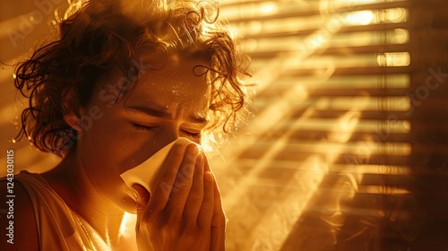 Young woman suffering from allergy sneezing in the handkerchief or tissue while sitting near the window in in bokeh rays of sunlight background. Copy space.