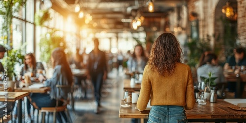 A woman in a cozy sweater stands in a stylish restaurant filled with greenery, waiting to be seated as other guests dine and socialize in the warm afternoon light