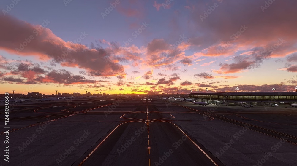 Naklejka premium The airport runway, illuminated by the evening sunset, is set for an airplane's arrival or departure.