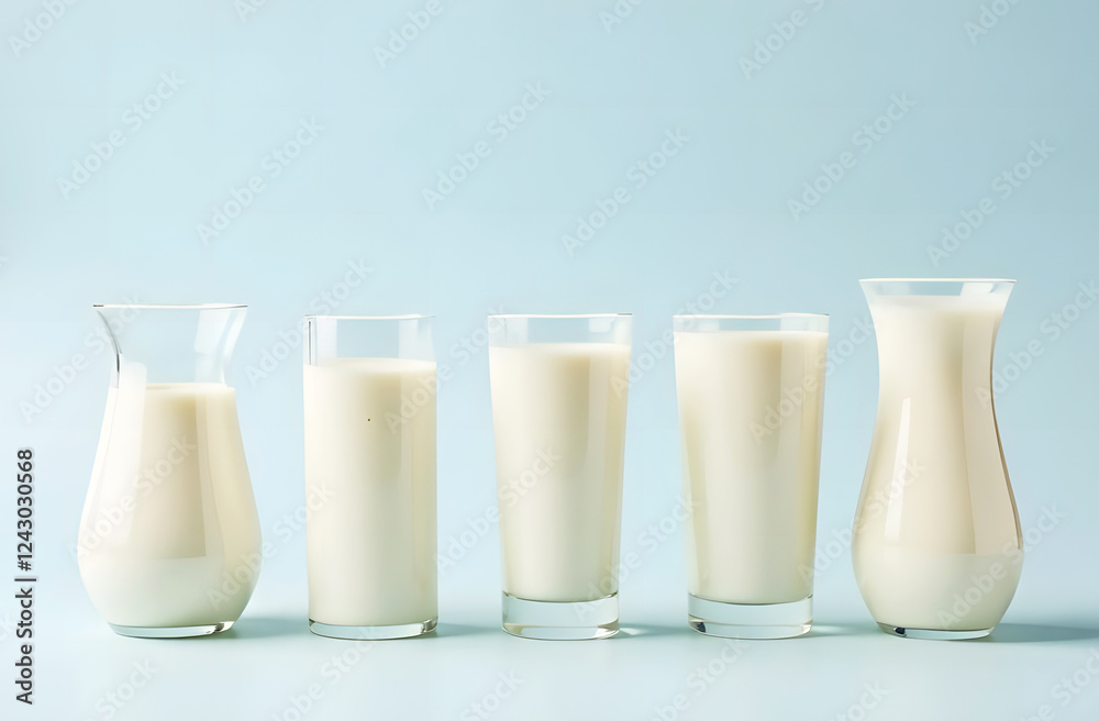 Five glasses of milk on blue background. A clean and minimalistic photo showing five glasses of milk in different shapes and sizes on a light blue background.