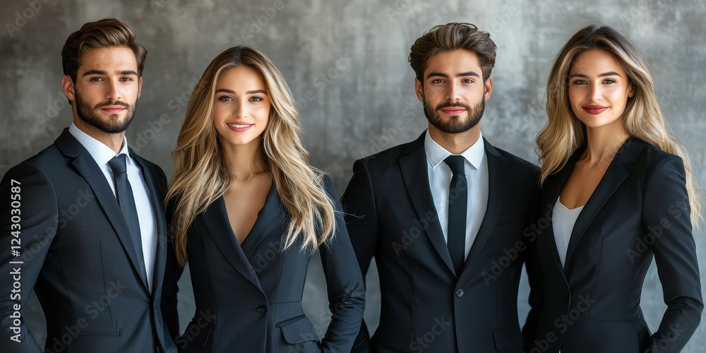 Four stylish individuals dressed in sleek, dark suits pose together in a contemporary office setting. Their expressions convey professionalism and poise, enhancing the atmosphere Four stylish individuals dressed in sleek, dark suits pose together in a contemporary office setting. Their expressions convey professionalism and poise, enhancing the atmosphere
