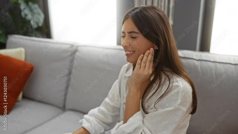Woman suffering toothache indoors sitting on a couch in a cozy living room indicating pain and discomfort from dental problems Woman suffering toothache indoors sitting on a couch in a cozy living room indicating pain and discomfort from dental problems