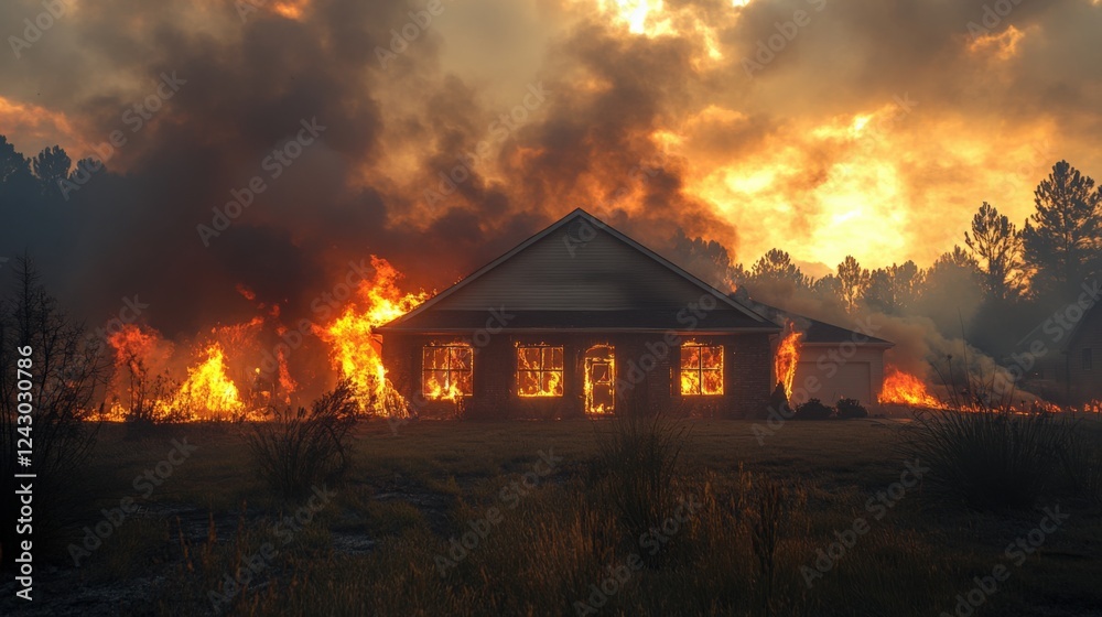 House Engulfed in Flames During Wildfire at Sunset. Generative AI House Engulfed in Flames During Wildfire at Sunset. Generative AI