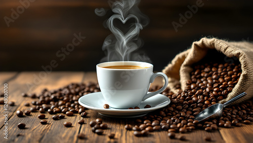 Heart shape steam coming out of a coffee cup, concept love, valentine's day, rose, chocolate.