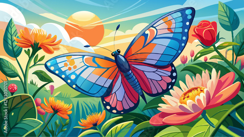 A lovely photograph of a butterfly resting delicately on a blooming flower during a sunny day