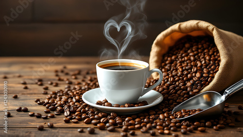 Heart shape steam coming out of a coffee cup, concept love, valentine's day, rose, chocolate.