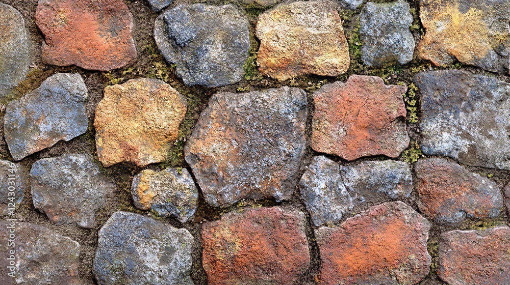 Colorful cobblestone road showing signs of age and weathering Colorful cobblestone road showing signs of age and weathering