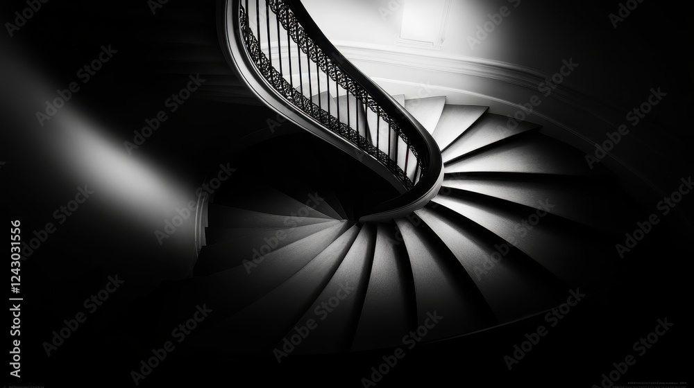 Obraz premium Intricate staircase design in a historic building showcasing elegant curves and ornate railings lit by natural light during the daytime