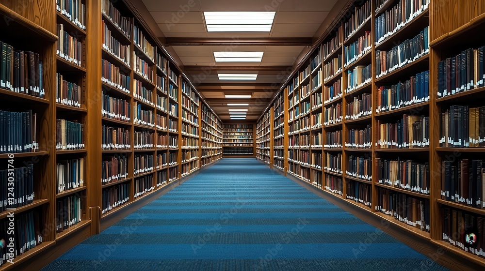 Library with books, close-up of rows of bookshelves, warm and quiet atmosphere Library with books, close-up of rows of bookshelves, warm and quiet atmosphere