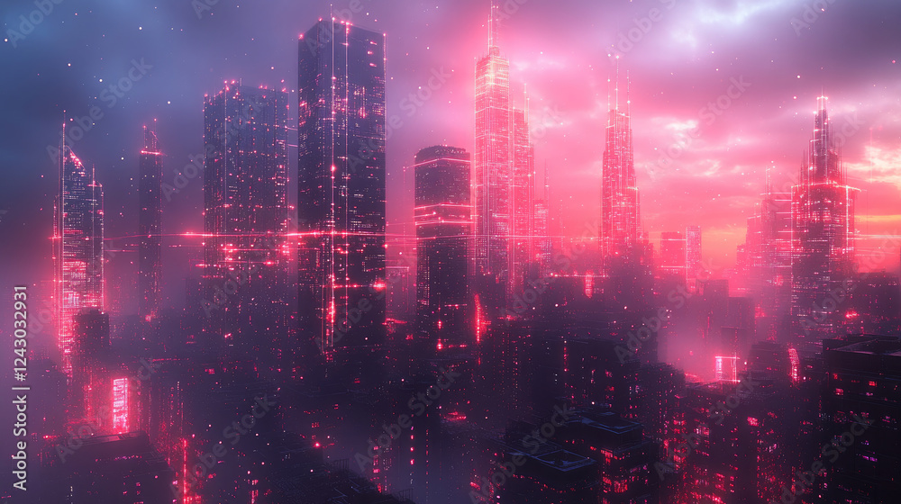 A vibrant city skyline is aglow with a network grid that highlights the integration of secure smart technologies. This captivating view captures the essence of urban innovation at twilight A vibrant city skyline is aglow with a network grid that highlights the integration of secure smart technologies. This captivating view captures the essence of urban innovation at twilight