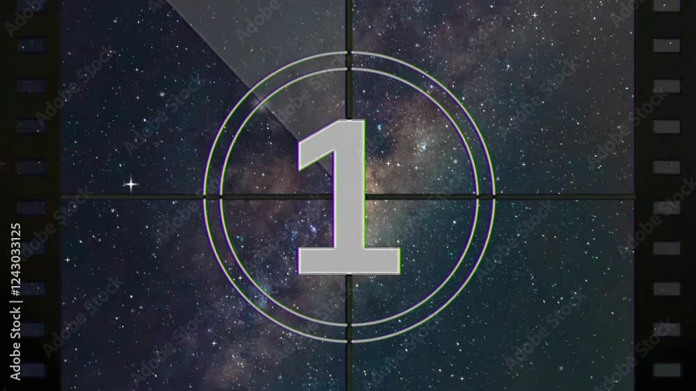 4K old-fashioned film countdown animation 5 to 1 seconds. Film Leader Countdown, 5 Seconds Vintage Movie Countdown Film Reel, Imitation of an Old Movie with Noise and Scratches