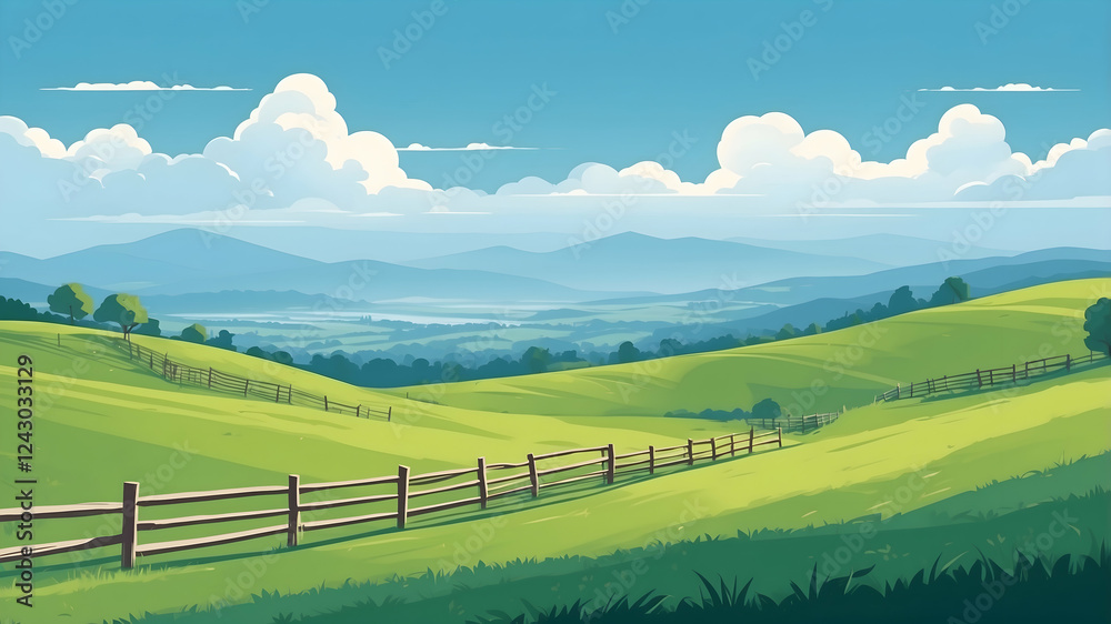 Minimalist landscape of rolling green hills with a bright blue sky and fluffy clouds Minimalist landscape of rolling green hills with a bright blue sky and fluffy clouds