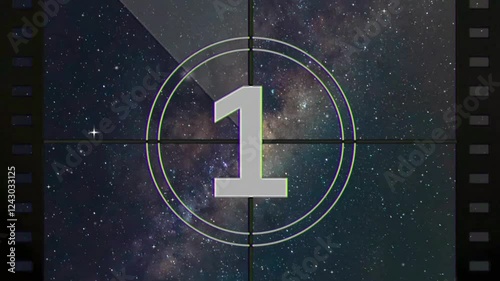 4K old-fashioned film countdown animation 5 to 1 seconds. Film Leader Countdown, 5 Seconds Vintage Movie Countdown Film Reel, Imitation of an Old Movie with Noise and Scratches