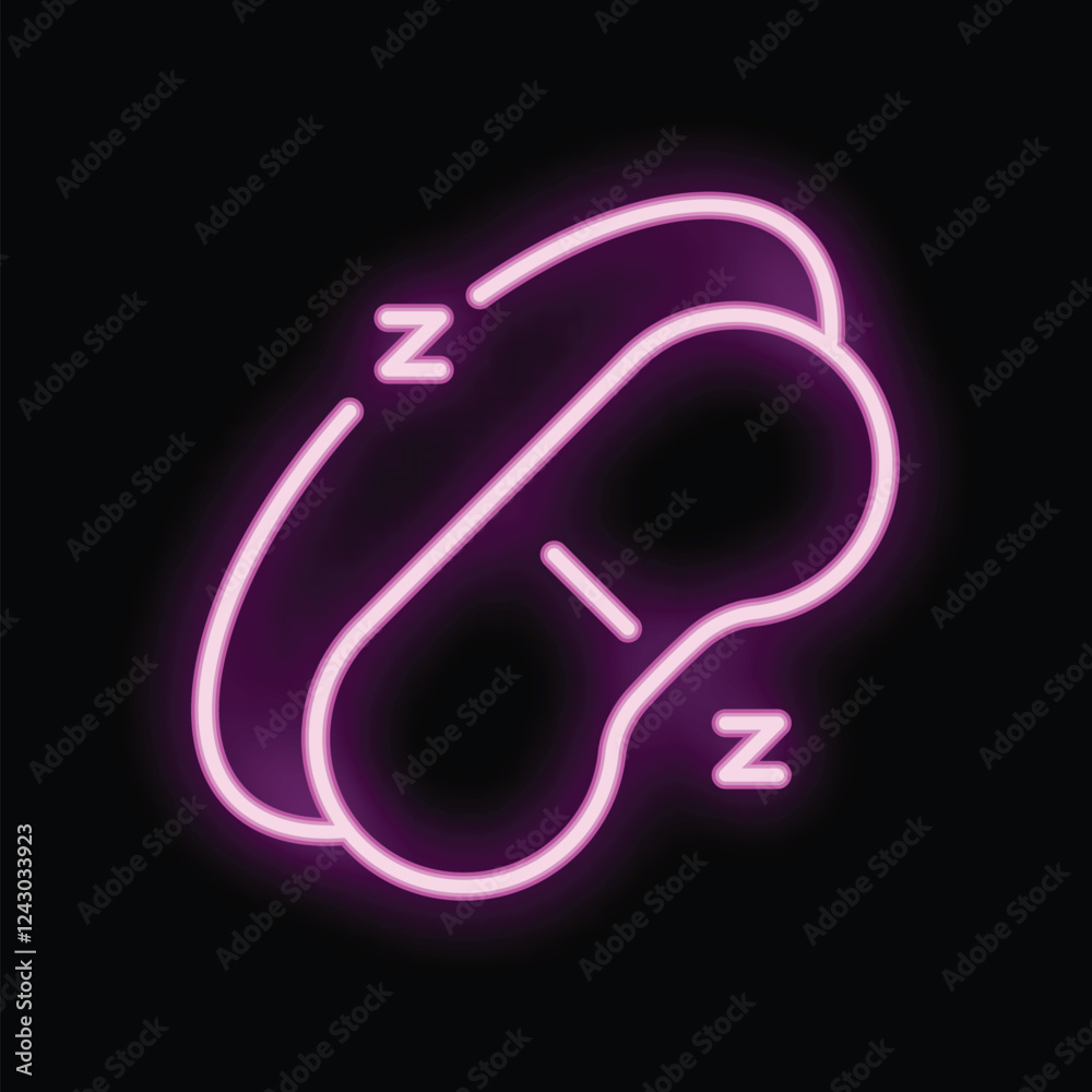 Bright neon sign of a sleep mask glowing on a dark background, perfect for themes of relaxation, sleep, and nighttime Bright neon sign of a sleep mask glowing on a dark background, perfect for themes of relaxation, sleep, and nighttime