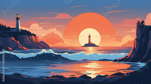 Minimalist vector-style landscape of a rugged coastal lighthouse under a dramatic sunset