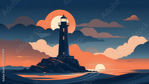 Minimalist vector-style landscape of a rugged coastal lighthouse under a dramatic sunset sky