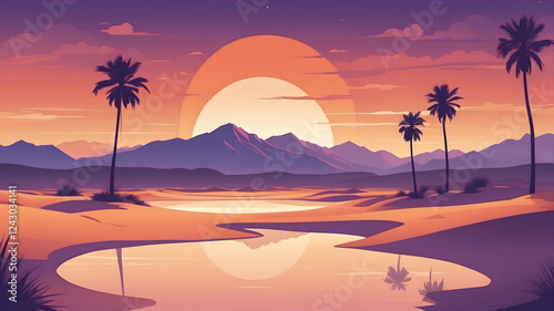 Minimalist vector-style landscape of a vast desert with palm trees under a vibrant