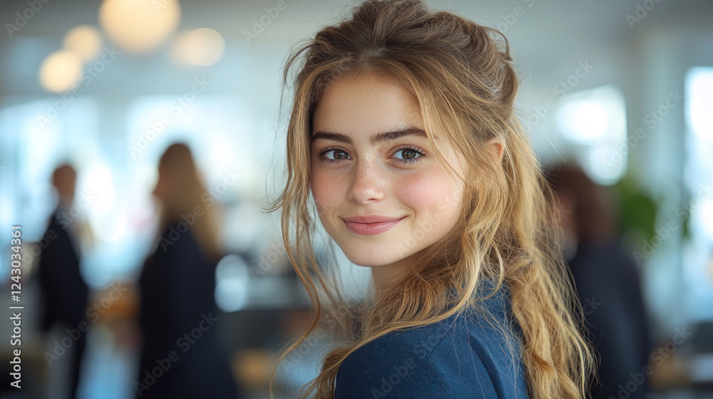 Obraz premium French businesswoman wearing blue smart-casual smiling at office activity