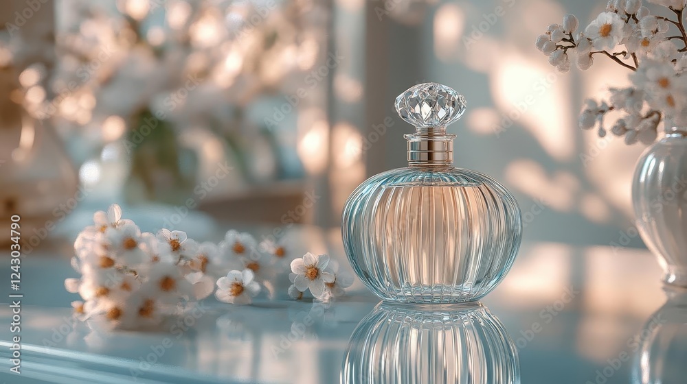 Perfume bottle on vanity, close-up of elegant perfume bottle with floral accents