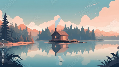Minimalist vector-style scene of a calm lake surrounded by pine trees and mountains at sunrise
