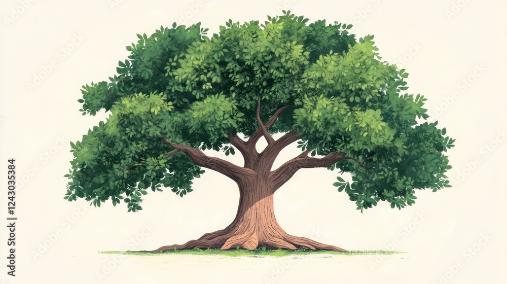 Lush green oak tree, sprawling roots, white background, nature illustration, ideal for environmental projects Lush green oak tree, sprawling roots, white background, nature illustration, ideal for environmental projects