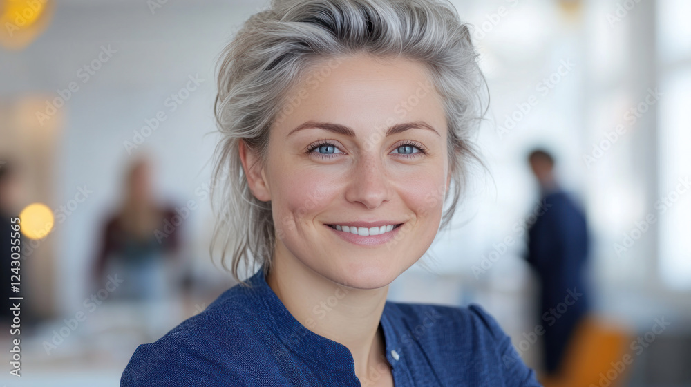 Fototapeta premium Silver hair businesswoman wearing blue smart-casual smiling at office activity
