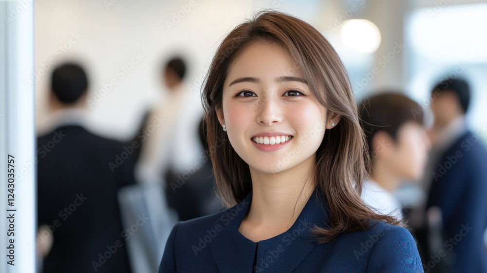 Fototapeta premium Japanese businesswoman wearing blue smart-casual smiling at office activity