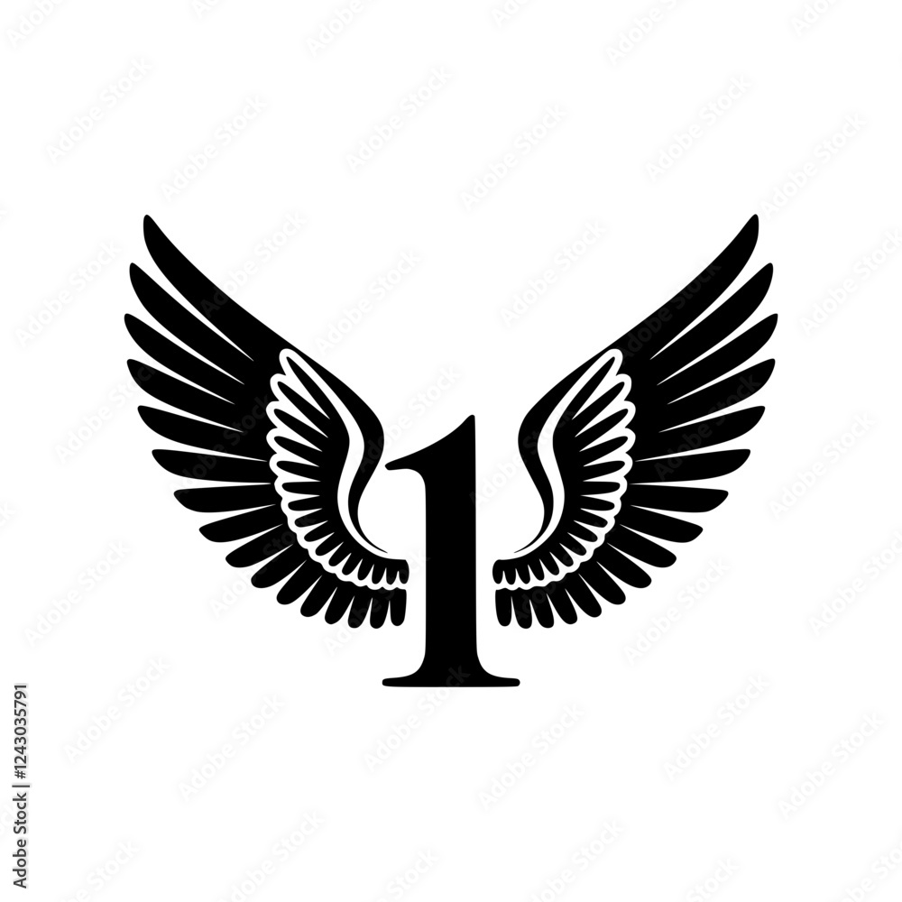 Fototapeta premium Winged Number 1 Black Logo Design, Black number 1 with symmetrical wings, creating a bold and stylish logo. Perfect for branding, aviation, leadership, sports, or creative identity. 