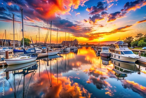 A breathtaking Canton, Baltimore sunset over a serene marina.