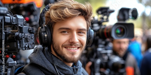 A young man wears headphones and smiles confidently at a media event, with numerous cameras in the background capturing the lively atmosphere of the gathering photo